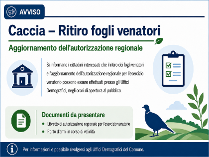 Ritiro fogli venatori e aggiornamento autorizzazioni regionali per la caccia