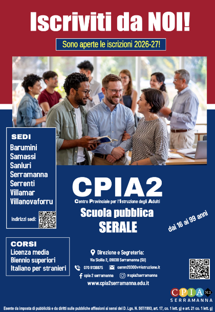 Scuola Serale CPIA 2 di Serramanna, aperte le iscrizioni