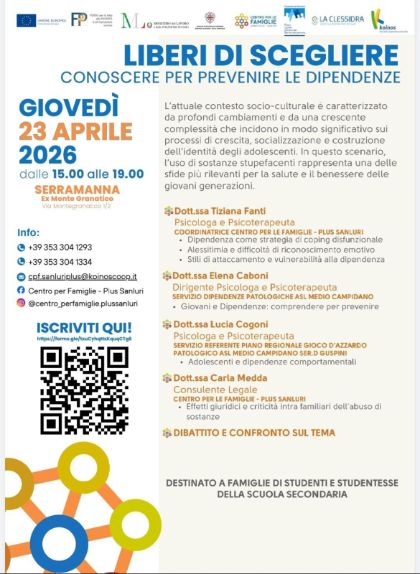 Liberi di scegliere. Conoscere per prevenire le dipendenze. Incontro 23 aprile 2026 ore 15