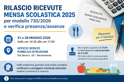 Rilascio ricevute mensa scolastica 2025 per modello 730/2026 e verifica presenze/assenze