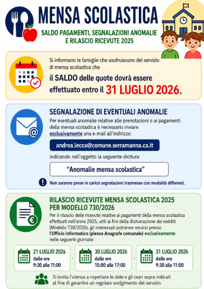 Mensa scolastica – Saldo pagamenti, segnalazione anomalie e rilascio ricevute per modello 730/2026